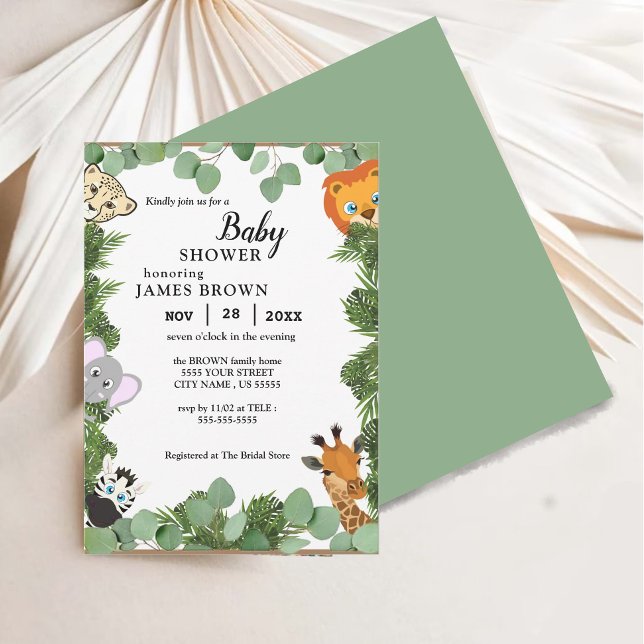 Stylist Eucalyptus Jungle Animals Boy Baby Shower Invitation (Creator Uploaded)