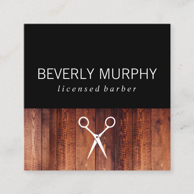 Stylist Rustic Wood Shears Logo Square Business Card (Front)
