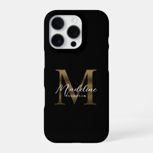 Stylist Script Metallic Black Gold Monogram iPhone 16 Pro Case