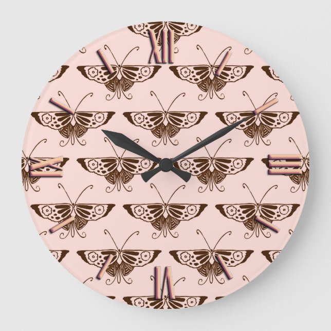 Stylized Art Deco butterfly - chocolate and peach Large Clock (Front)