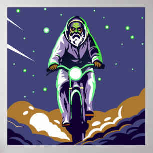 Stylized Bearded Figure Riding a Motorcycle Poster