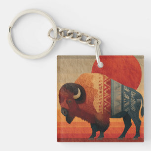 Stylized Bison with Native American Patterns  Key Ring