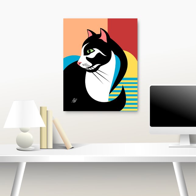 Stylized Black and White Cat Art Poster (Abstract cat art over desk)