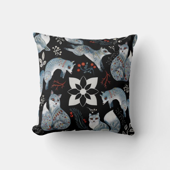  Stylized blue foxes with intricate floral designs Cushion (Front)
