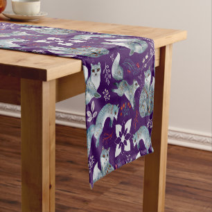 Stylized blue foxes with intricate floral designs Short Table Runner