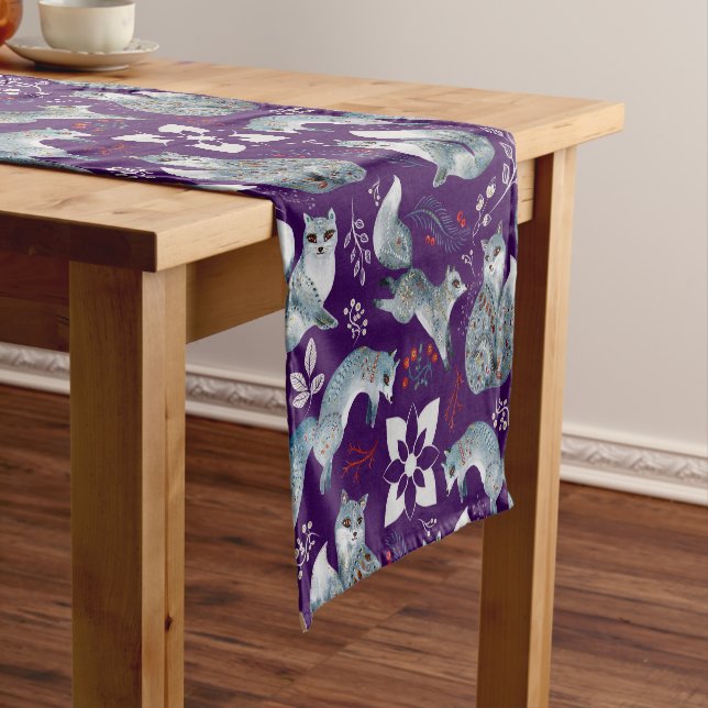  Stylized blue foxes with intricate floral designs Short Table Runner (In Situ)