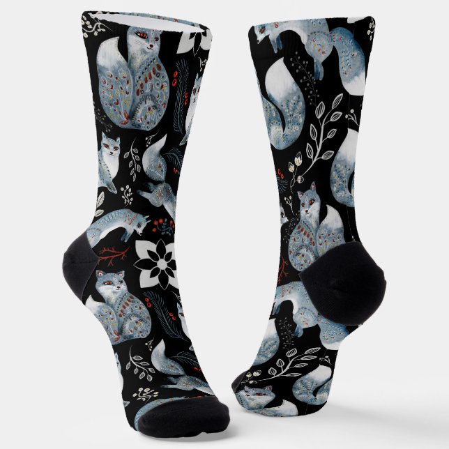  Stylized blue foxes with intricate floral designs Socks (Angled)