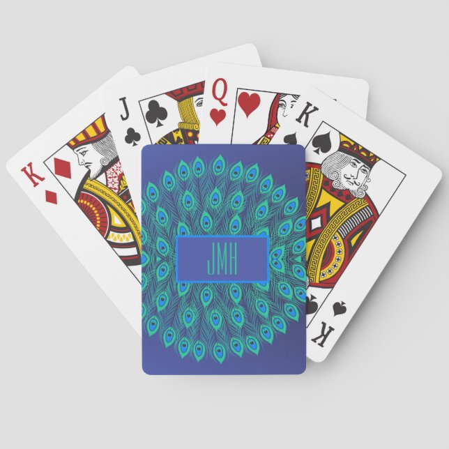 STYLIZED BLUE PEACOCK FEATHERS PATTERN MONOGRAM PLAYING CARDS (Back)