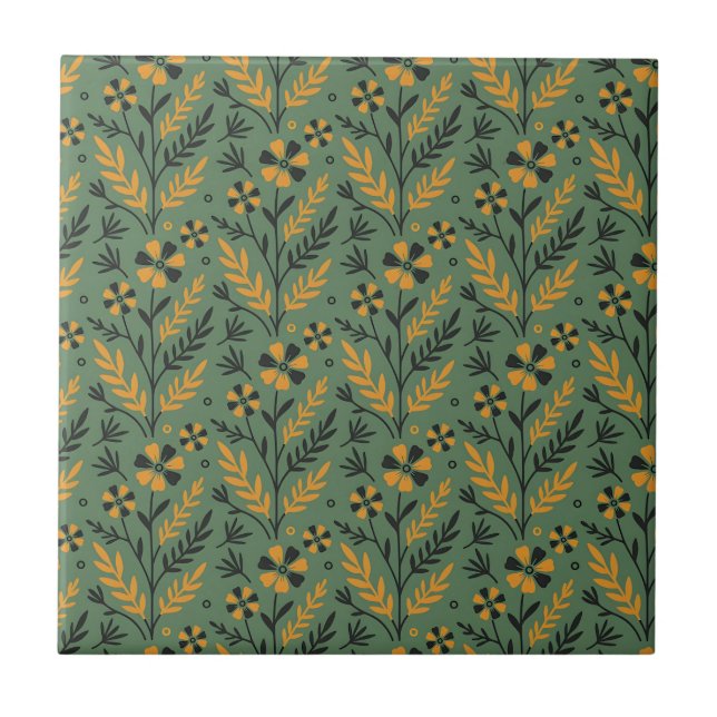 Stylized botanical orange and black floral pattern ceramic tile (Front)