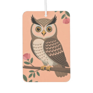 Stylized Brown Owl on Branch with Pink Flowers Car Air Freshener