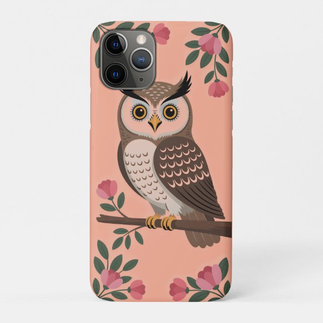 Stylized Brown Owl on Branch with Pink Flowers Case-Mate iPhone Case (Back)