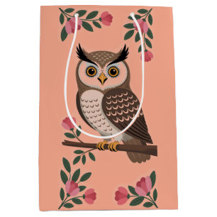 Stylized Brown Owl on Branch with Pink Flowers Medium Gift Bag