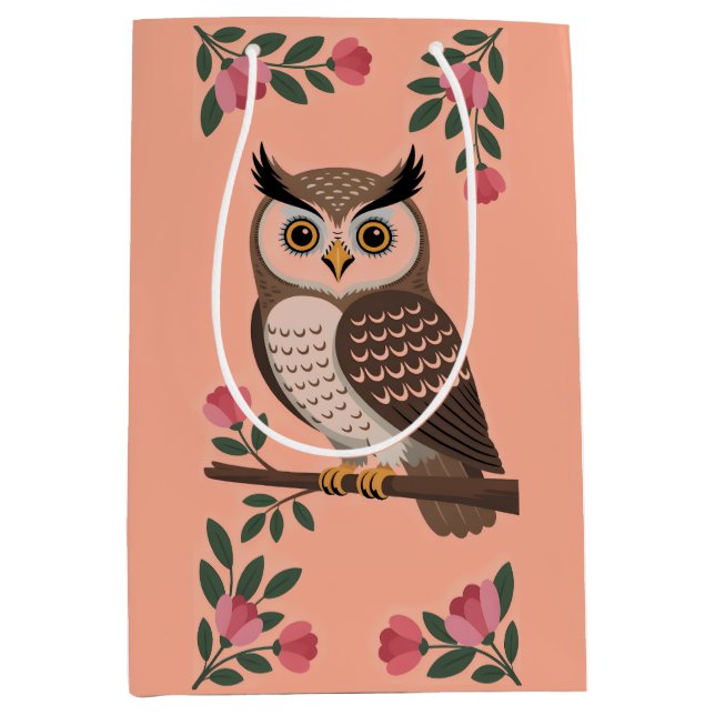 Stylized Brown Owl on Branch with Pink Flowers Medium Gift Bag (Front)
