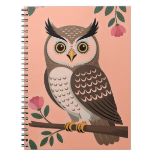Stylized Brown Owl on Branch with Pink Flowers Notebook