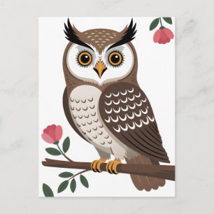 Stylized Brown Owl on Branch with Pink Flowers Postcard