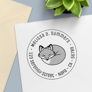 Stylized Etched Sleeping Fox Round Address 3 Self-inking Stamp