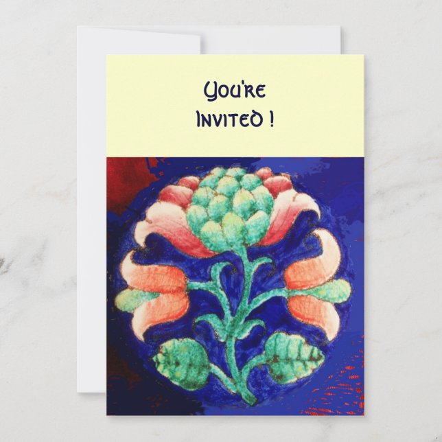 STYLIZED FLOWER/PINK RED GREEN ORANGE BLUE FLORAL INVITATION (Front)