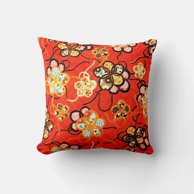 STYLIZED FLOWERS ,BLACK WHITE RIBBONS  BRIGHT RED CUSHION (Front)