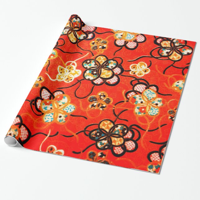 STYLIZED FLOWERS ,BLACK WHITE RIBBONS  BRIGHT RED WRAPPING PAPER (Unrolled)