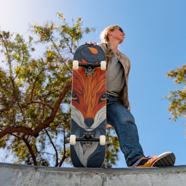 Stylized Fox Illustration with Floral Background Skateboard (Outdoor 1)