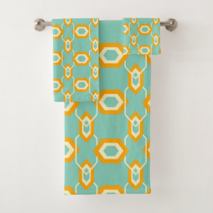 Stylized geometric pattern in bold orange hexagon bath towel set
