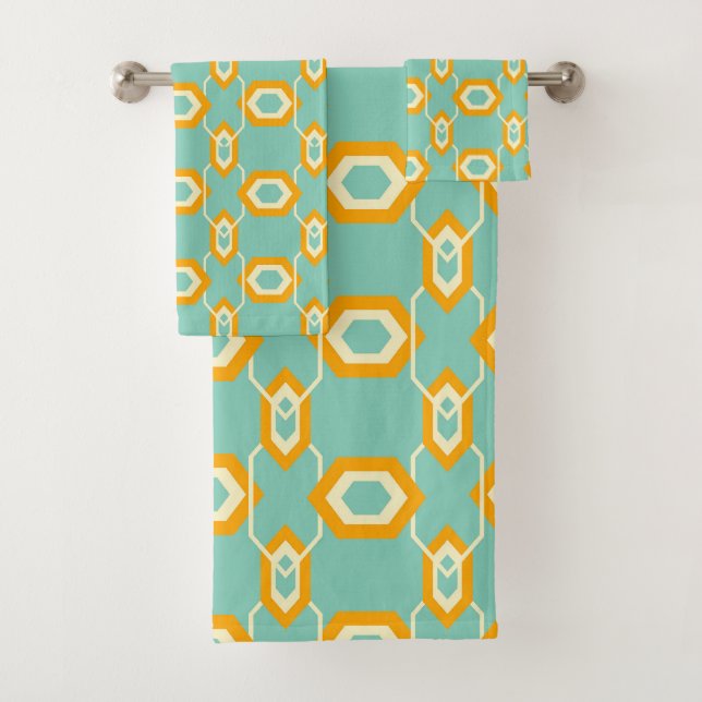 Stylized geometric pattern in bold orange hexagon bath towel set (Insitu)