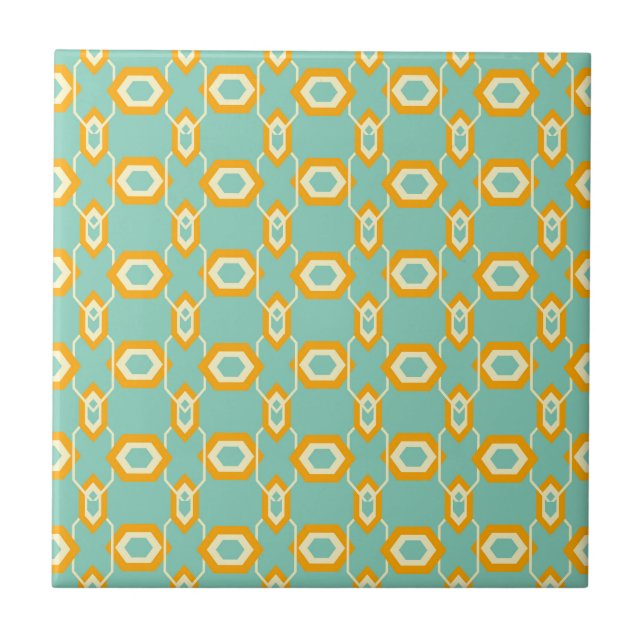 Stylized geometric pattern in bold orange hexagon ceramic tile (Front)