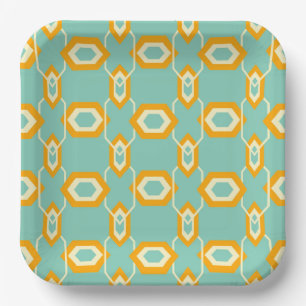 Stylized geometric pattern in bold orange hexagon paper plate