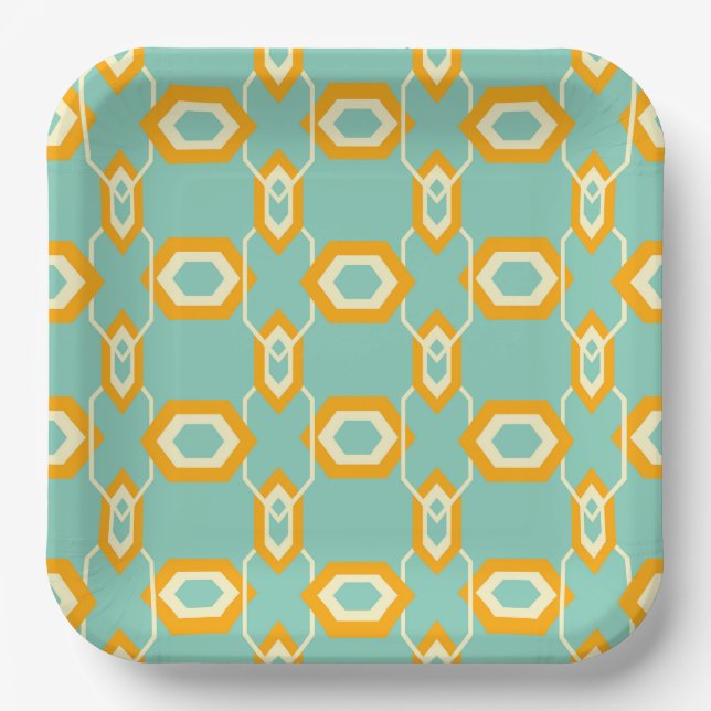 Stylized geometric pattern in bold orange hexagon paper plate (Front)