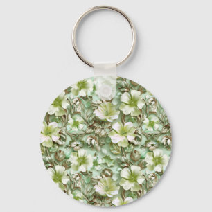 Stylized Green Flowers Key Ring