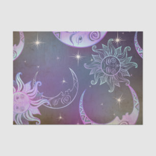 Stylized hand drawn sun moon faces stars purple tissue paper