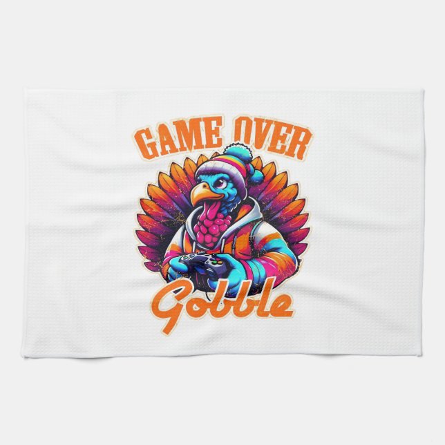 Stylized Hoodie Turkey Gamer with Distressed Orang Tea Towel (Horizontal)