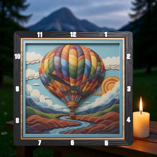 Stylized Hot Air Balloon River Valley Square Wall Clock