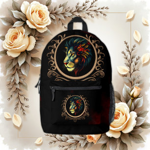 Stylized Lion Head Portrait in Mandala Frame Printed Backpack