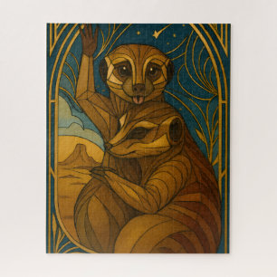 Stylized Meerkat Pair Under Starry Sky Jigsaw Puzzle