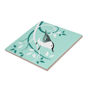 Stylized Nuthatch In Tree Ceramic Tile
