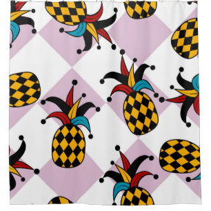 Stylized pineapple. Hat and rhombus Harlequin. Sea Shower Curtain