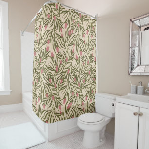 Stylized pink bell-shaped floral pattern shower curtain
