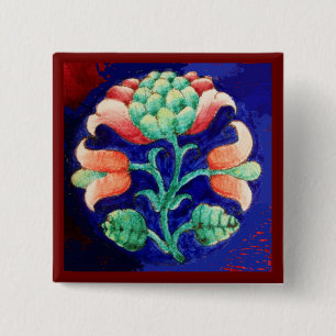 STYLIZED PINK FLOWER ,BLUE GREEN FLORAL 15 CM SQUARE BADGE