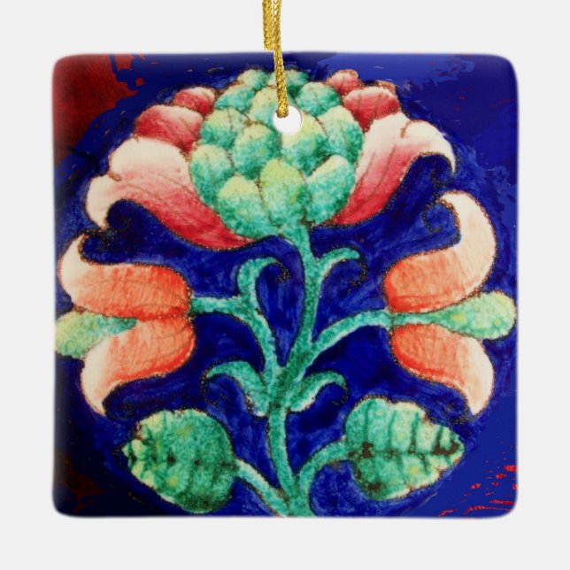 STYLIZED PINK FLOWER ,Blue Green Floral Ceramic Ornament (Front)
