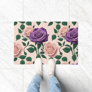 Stylized Purple Roses With Green Accents Doormat