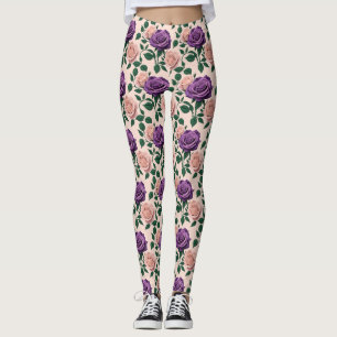 Stylized Purple Roses With Green Accents Leggings