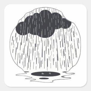 Stylized Rain Cloud with Falling Rain and Puddle Square Sticker