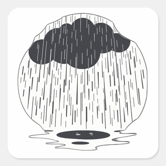 Stylized Rain Cloud with Falling Rain and Puddle Square Sticker (Front)