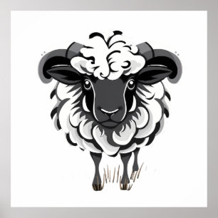Stylized Ram Illustration with Curly Fleece Poster