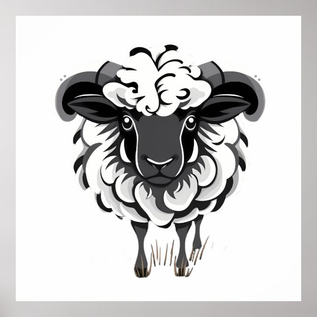 Stylized Ram Illustration with Curly Fleece Poster (Front)