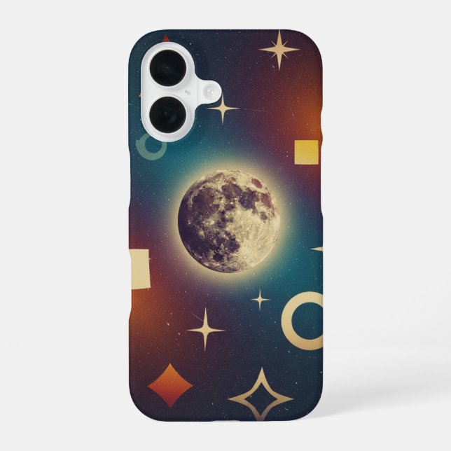 Stylized Retro Moon Design iPhone 16 Case (Back)