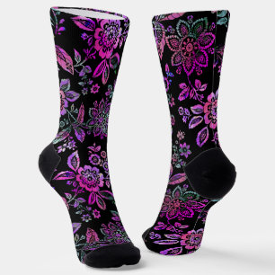 Stylized Stencil Pink floral on Black Backgrown Socks