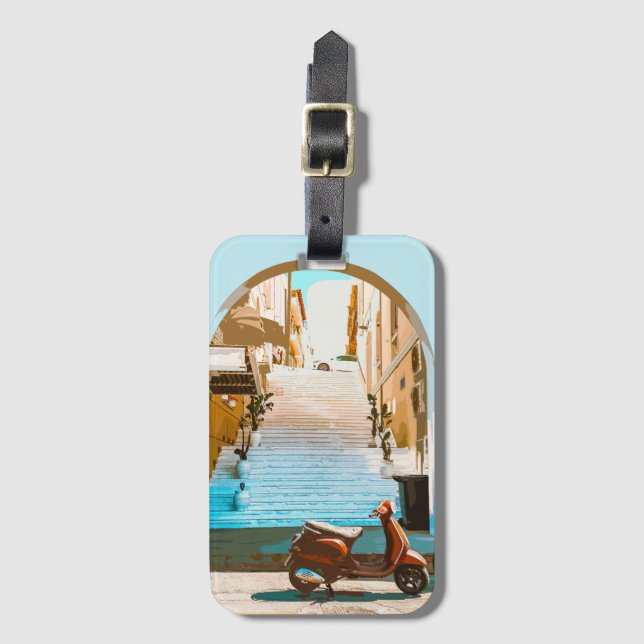 Stylized Teal Mediterranean Coastal Town Archway Luggage Tag (Front Vertical)