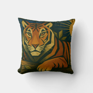 Stylized Tiger in Ornamental Sunburst Frame Cushion
